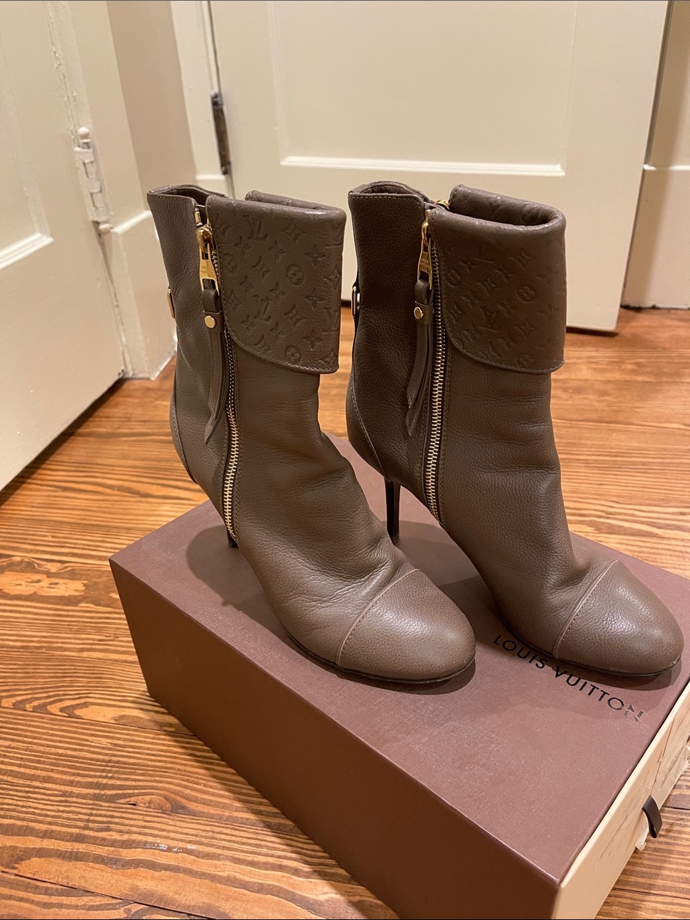 Louis Vuitton Taupe Pebbled Leather Monogram Cuff High-Heel Ankle Boots
